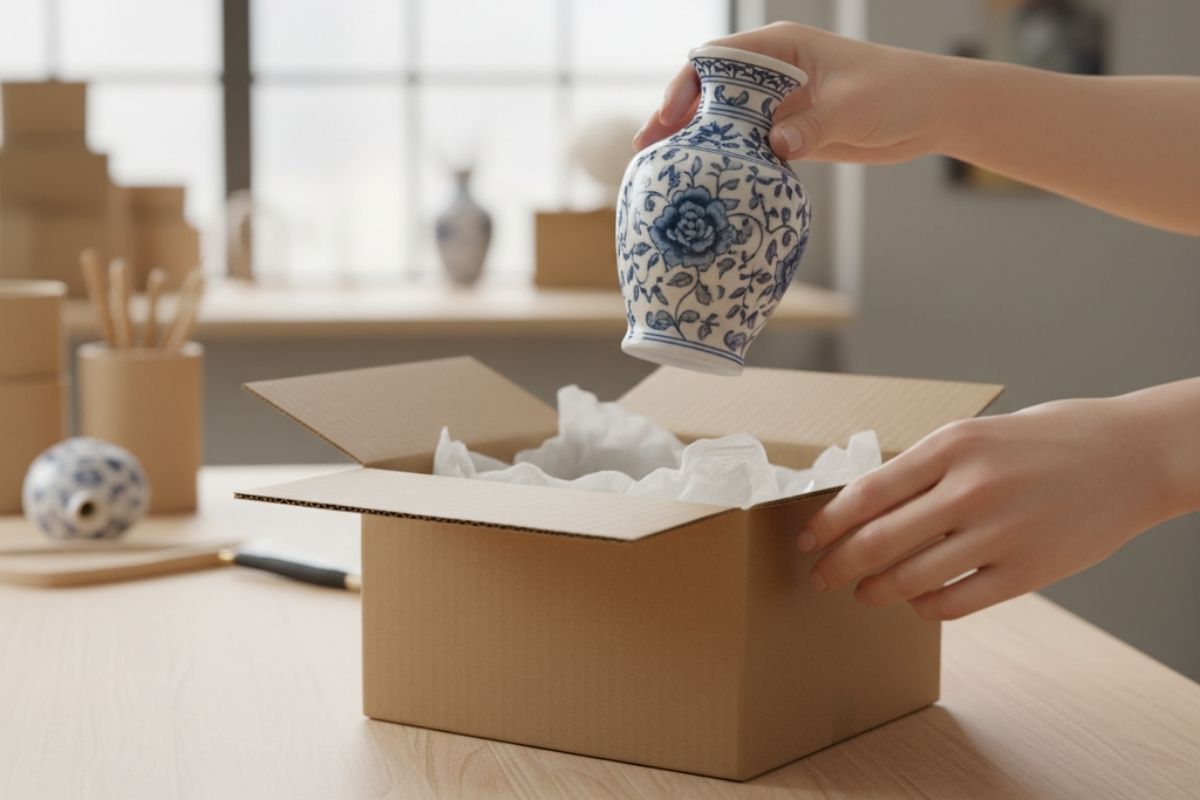 Vase wird in Karton mit Packpapier getan